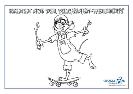 Ausmalbild: Die Zahnmaus auf dem Skateboard