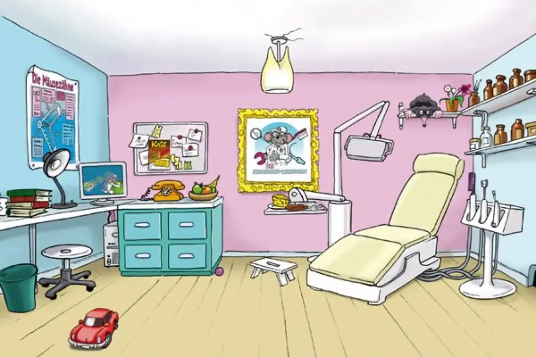 Gezeichnetes Behandlungszimmer der Zahnmaus: Behandlungsstuhl, Lampe in Zahnform und ein gerahmtes Mäusebild